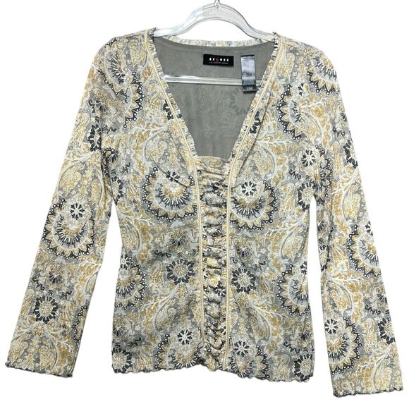 VTG Y2K Axcess Mesh Nylon Ruffle Edge V Neck Long Sleeve Boho Mandala Top Rouged - Picture 1 of 16